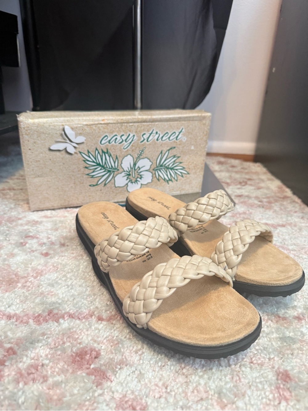 easy street Braided Double-Strap Slide Sandals in Beige